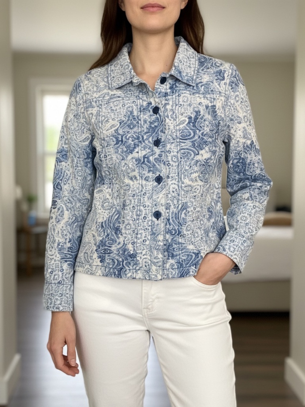 KEREN hart Blue & White Paisley Jean Jacket